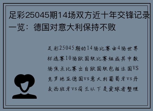 足彩25045期14场双方近十年交锋记录一览：德国对意大利保持不败