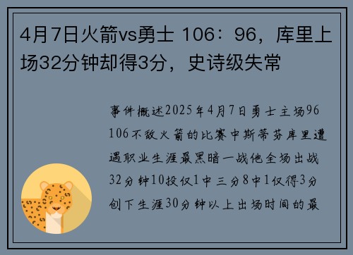 4月7日火箭vs勇士 106：96，库里上场32分钟却得3分，史诗级失常